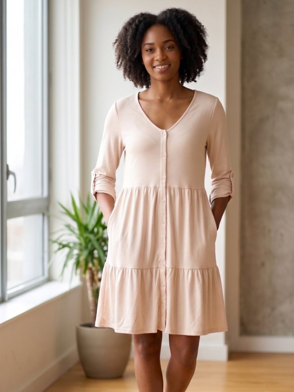 NWT | Dokotoo Cream Tiered Button-Front Mini Dress with Pockets Large